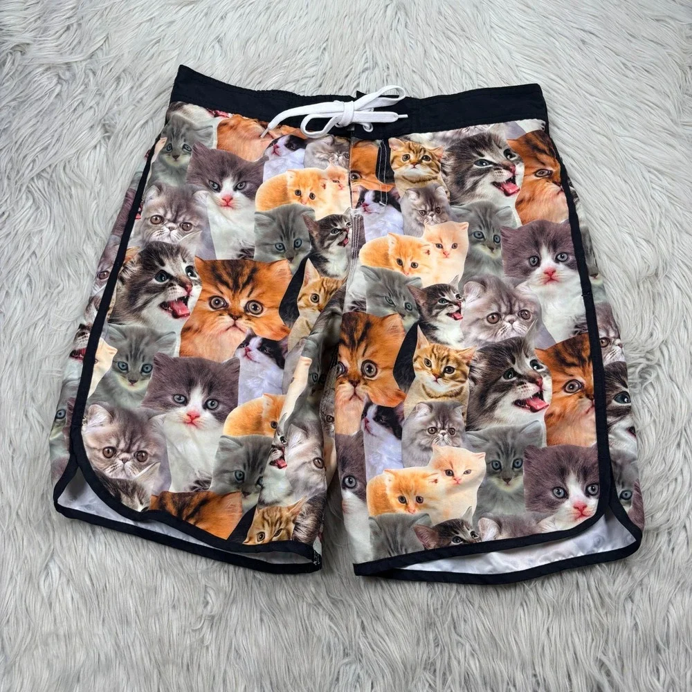 Bioworld Men's L Kitten Cat Face Printed Swim Trunks Shorts Mesh Liner Novelty